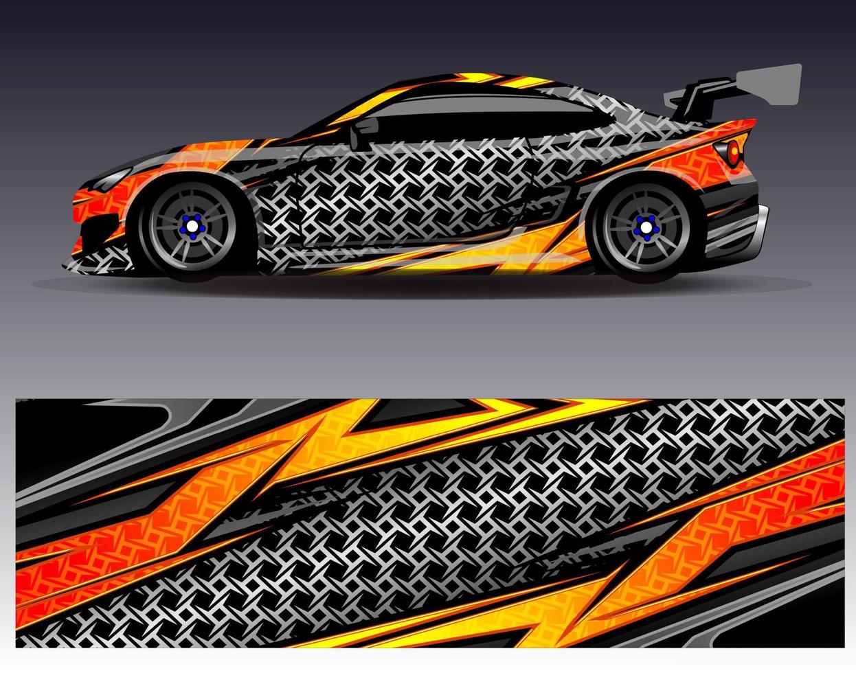 vector de diseño de envoltura de coche. Diseños de kits de fondo de carreras de franjas abstractas gráficas para envolver vehículos carrera de autos rally aventura y librea