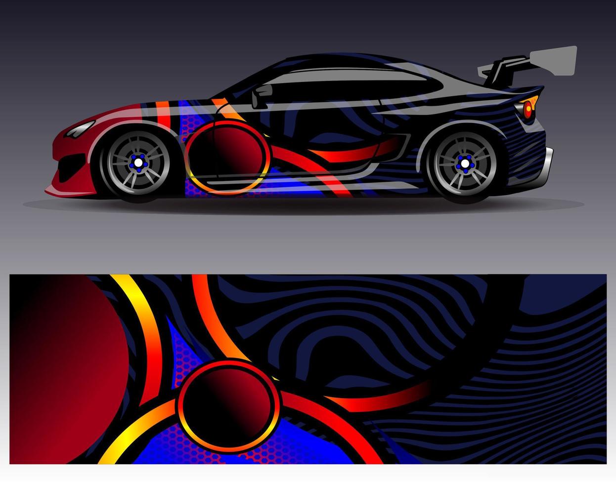 vector de diseño de envoltura de coche. Diseños de kits de fondo de carreras de franjas abstractas gráficas para envolver vehículos carrera de autos rally aventura y librea