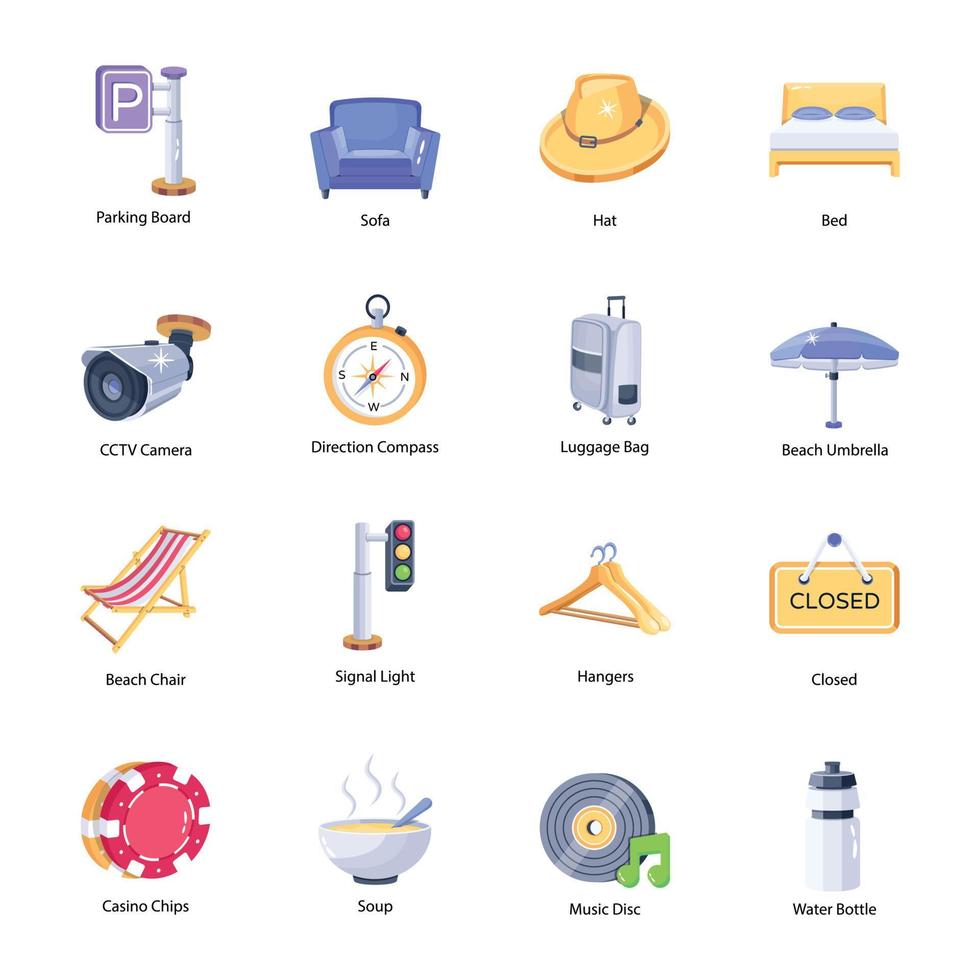Pack of Modern Travel Accessories Flat Icons vector