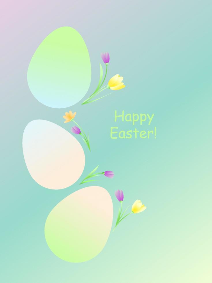 Gradient Easter eggs. Spring flowers, crocuses. Happy easter lettering. Vector illustration.