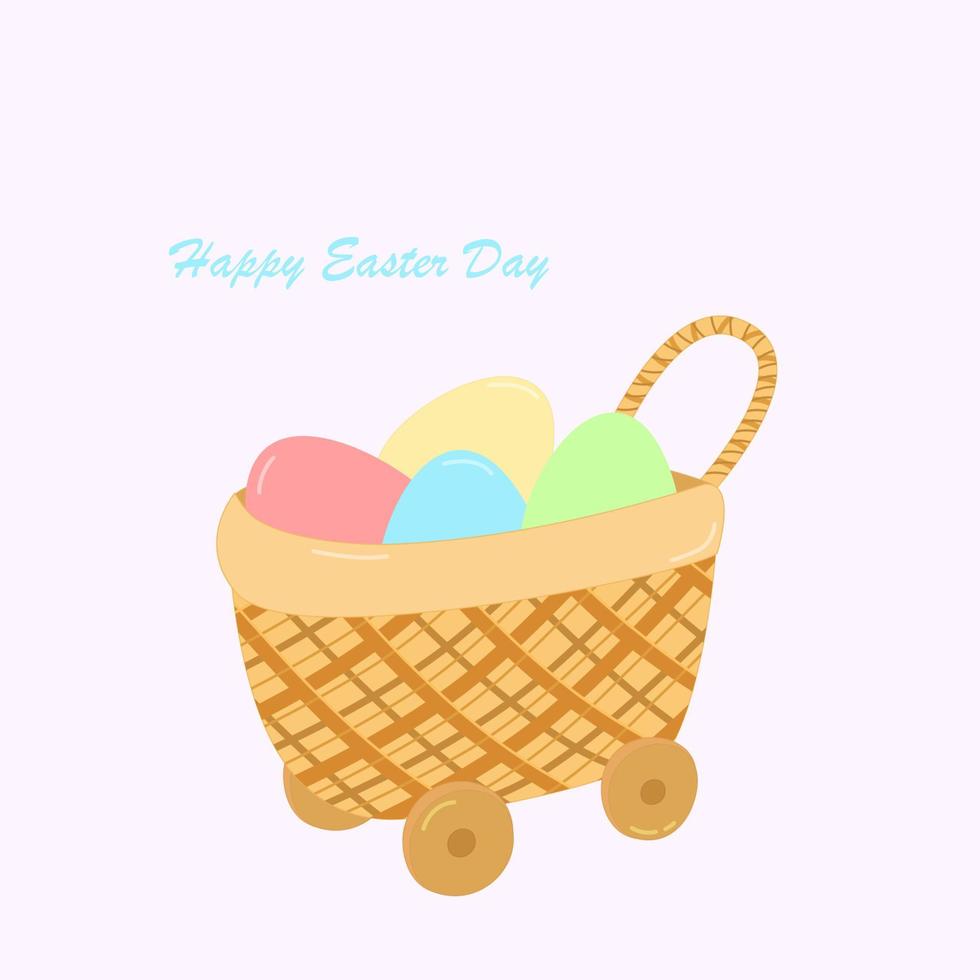 Garden cart filled with Easter eggs. Happy easter lettering. Vector illustration.