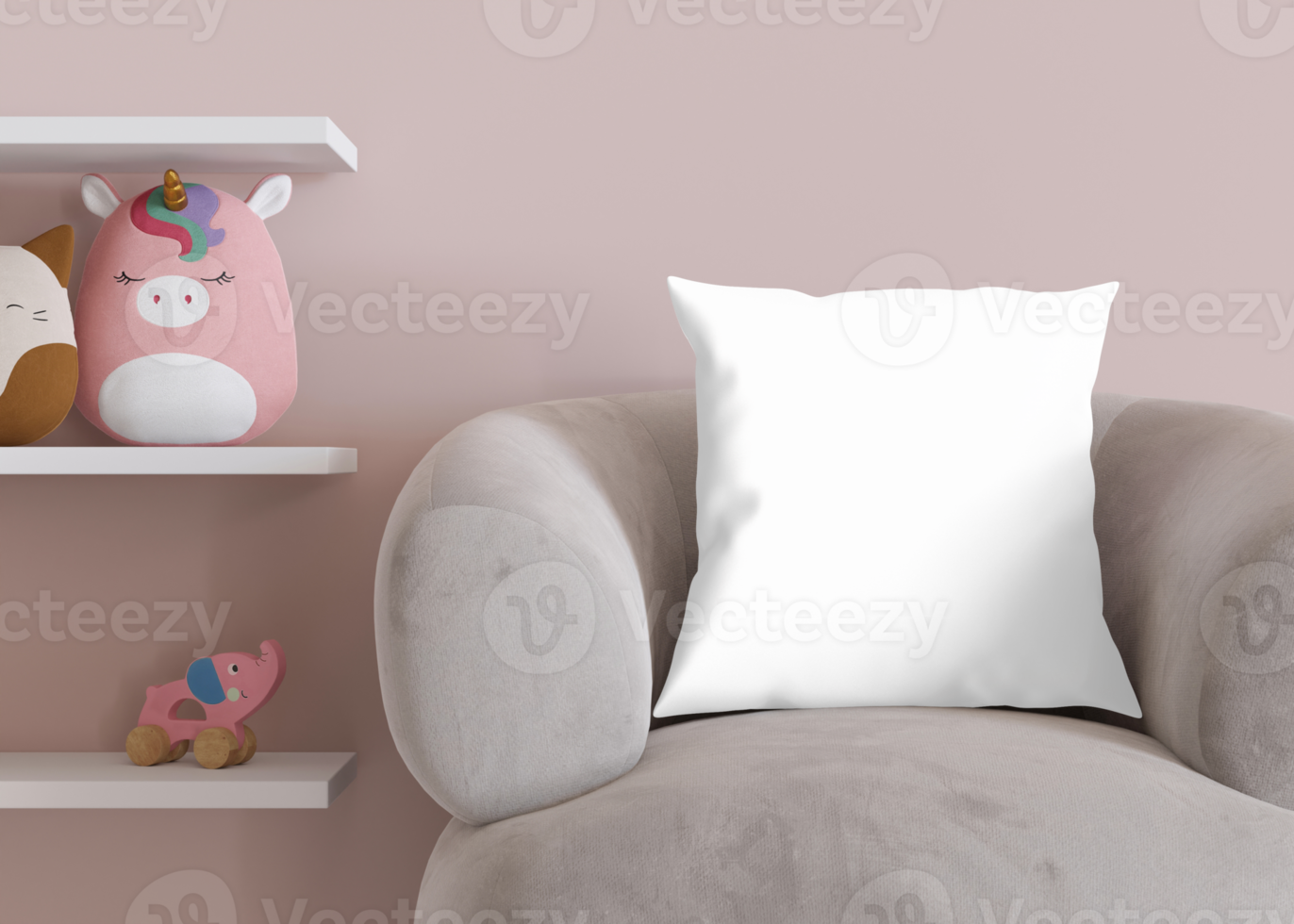 Square transparent pillow in kids room. Blank cushion case template for your graphic design presentation. Pillow cover mock up for print, pattern, personalized illustration. Close-up. 3D render, png