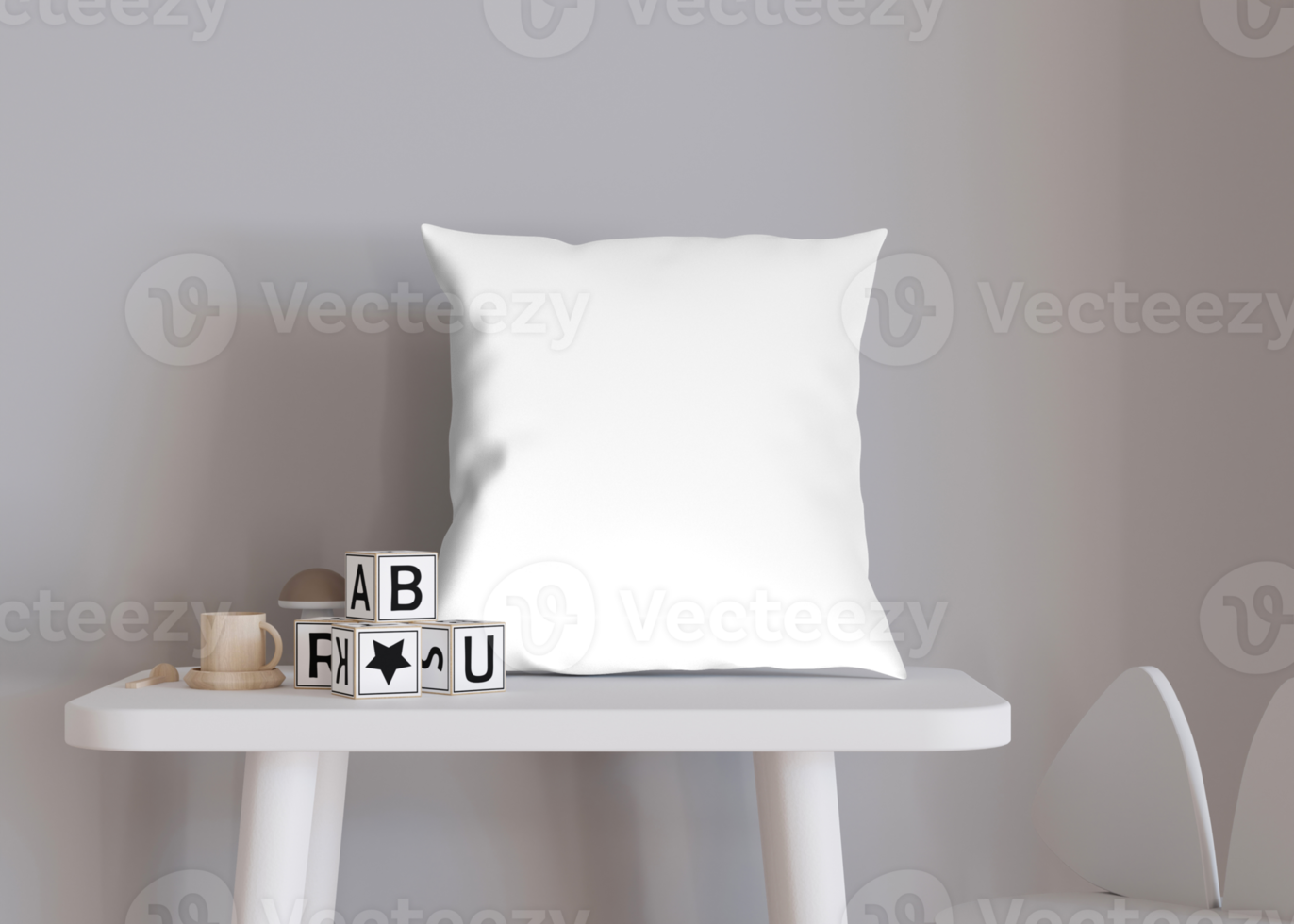 Square transparent pillow in kids room. Blank cushion case template for your graphic design presentation. Pillow cover mock up for print, pattern, personalized illustration. Close-up. 3D render, png