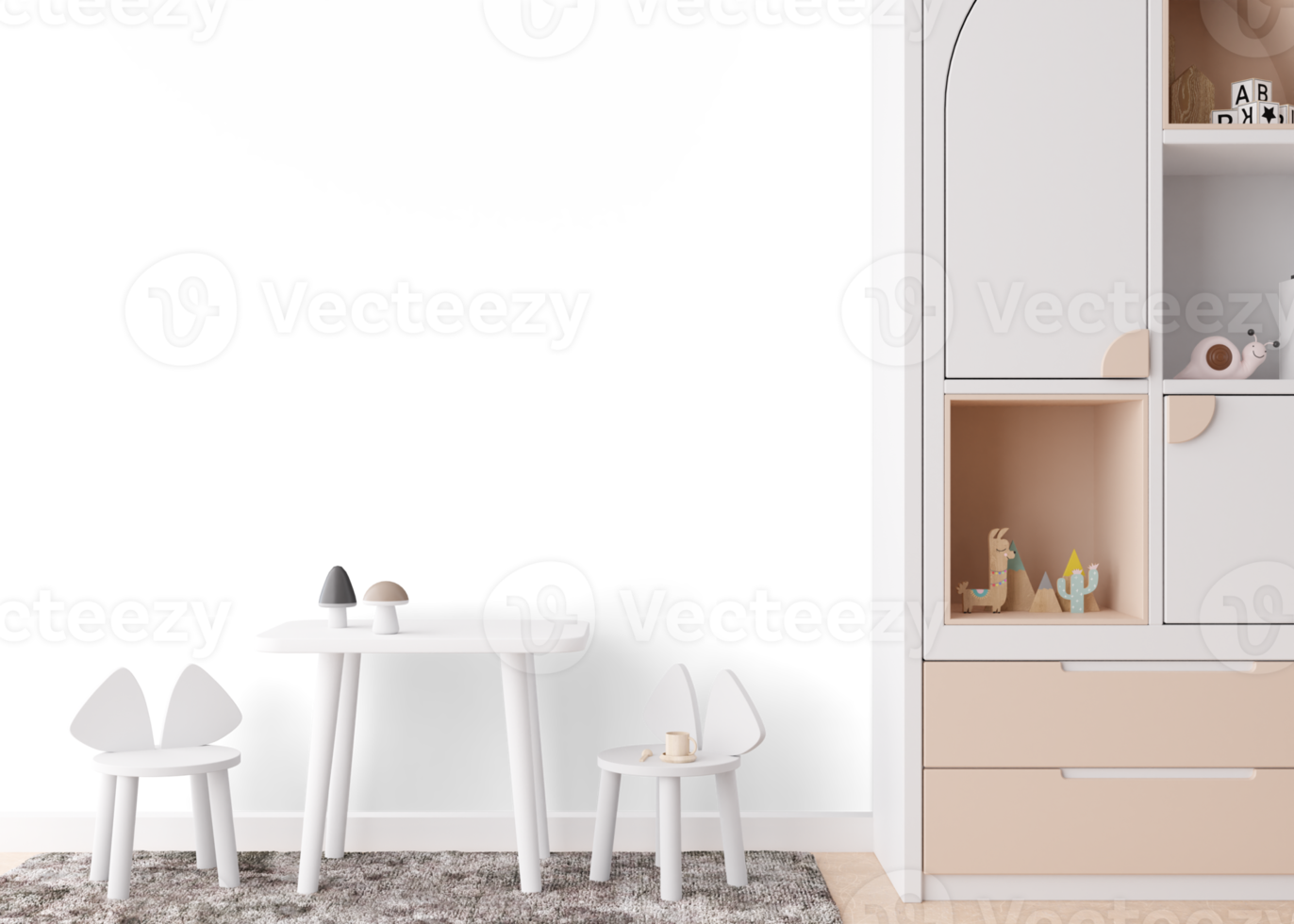 Wallpaper presentation mock up. Kids room furniture and accessories on transparent background. Copy space for wallpaper design, wall panels, photo wallpaper, print. Children room interior mockup. 3D png