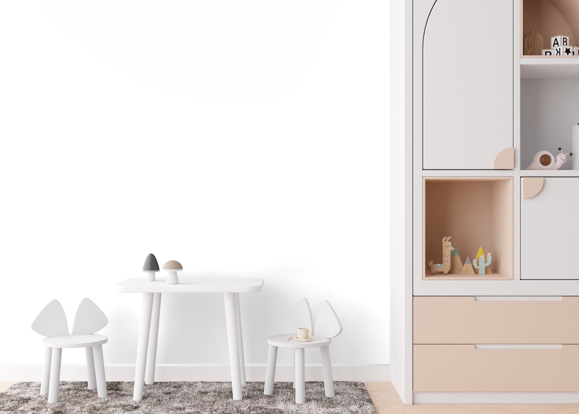 Wallpaper presentation mock up. Kids room furniture and accessories on