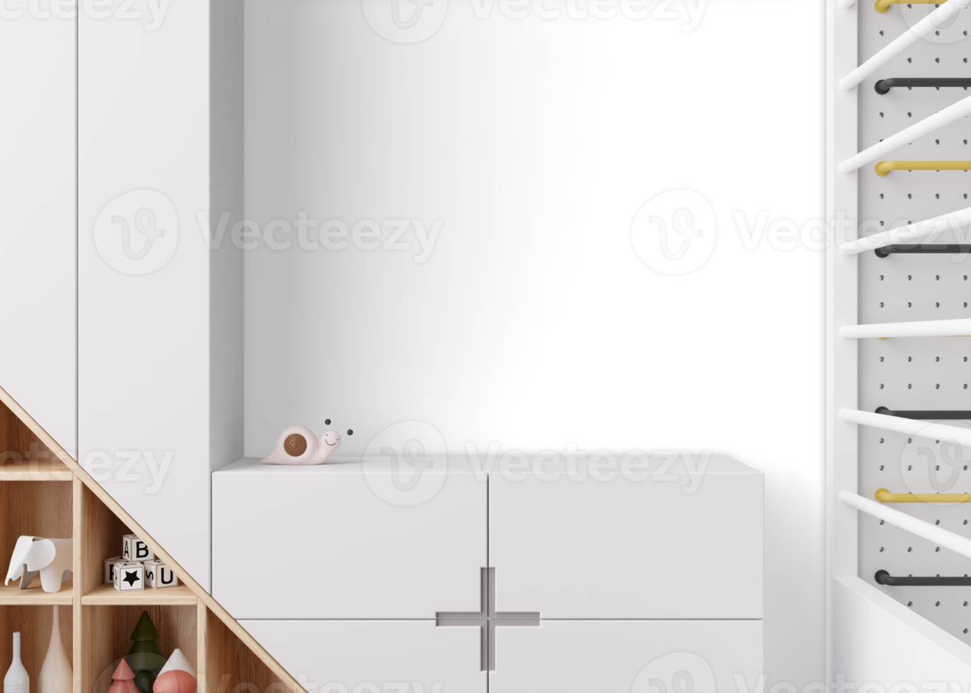 tapet presentation falsk upp. barn rum möbel och Tillbehör på transparent bakgrund. kopia Plats för tapet design, vägg paneler, Foto tapet, skriva ut. barn rum interiör mockup. 3d png