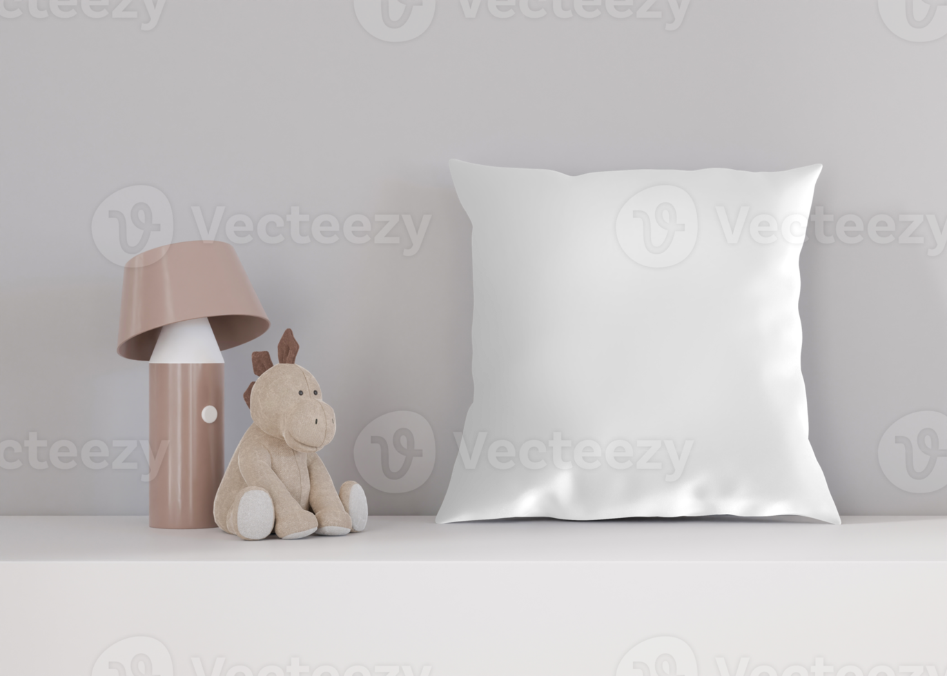 Square transparent pillow in kids room. Blank cushion case template for your graphic design presentation. Pillow cover mock up for print, pattern, personalized illustration. Close-up. 3D render, png