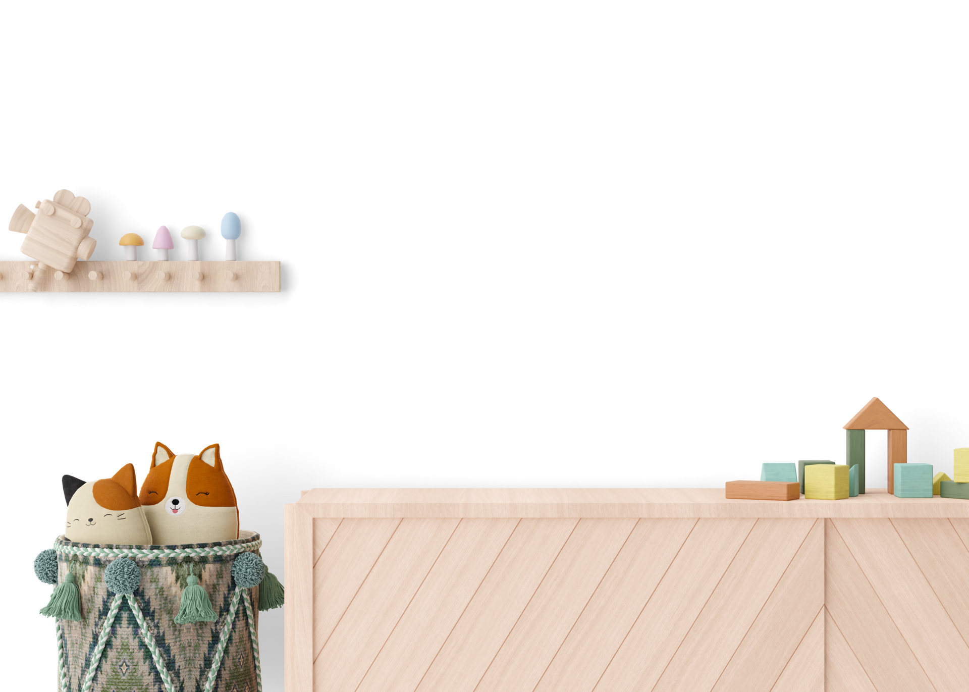 Wallpaper presentation mock up. Kids room furniture and accessories on