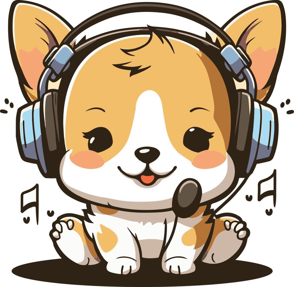 2D Cute Dog wearing Headphone vector mascot character