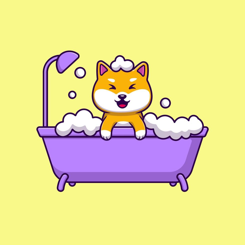 Cute Shiba Inu Bathing On Bathub Cartoon Vector Icons Illustration. Flat Cartoon Concept. Suitable for any creative project.