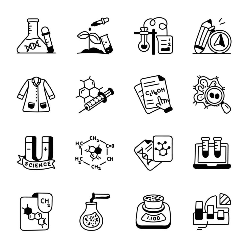 Set of Chemistry Study and Experiments Doodle Icons vector