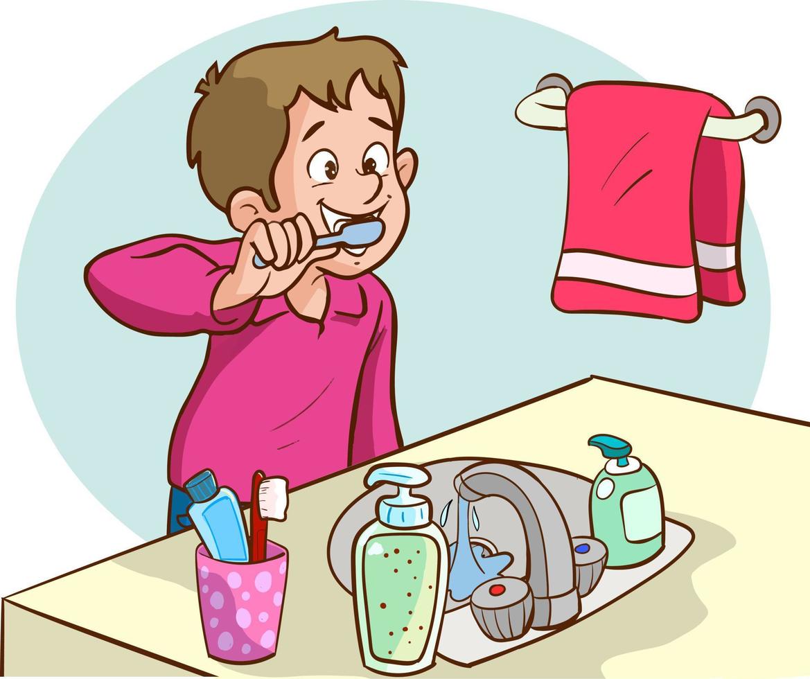child brushing his teeth cartoon vector
