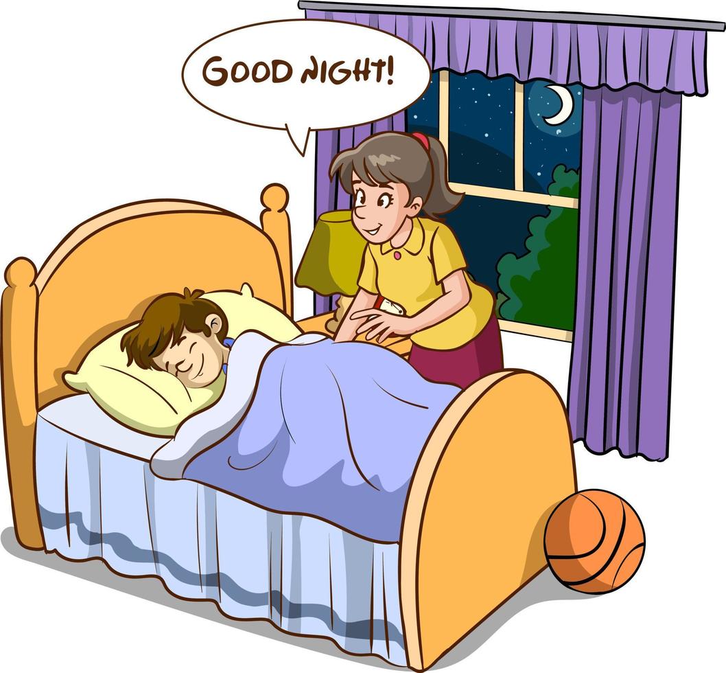soñoliento bostezando niños y padres bueno noche dibujos animados vector