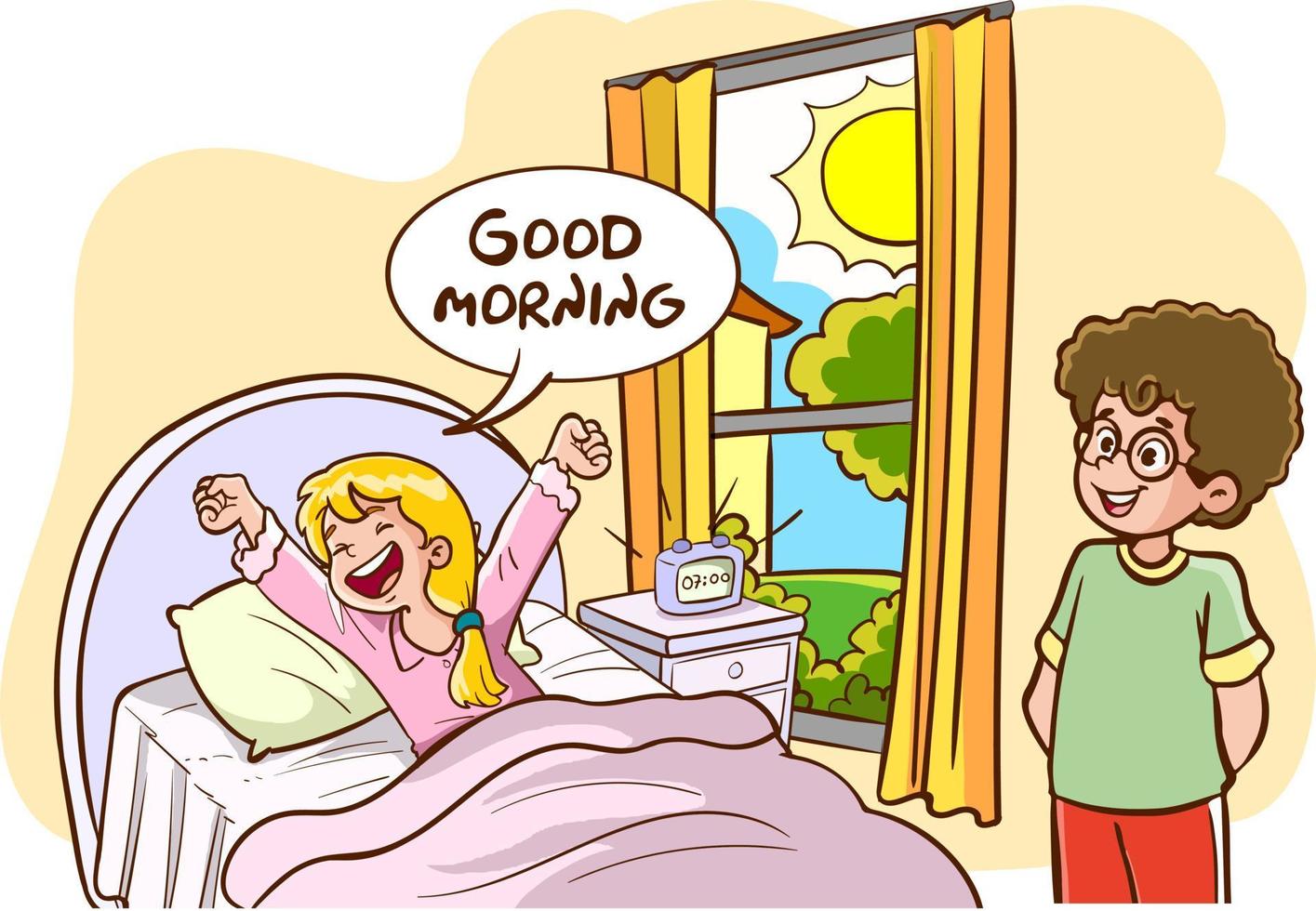 The children who wakes up and his family saying good morning vector