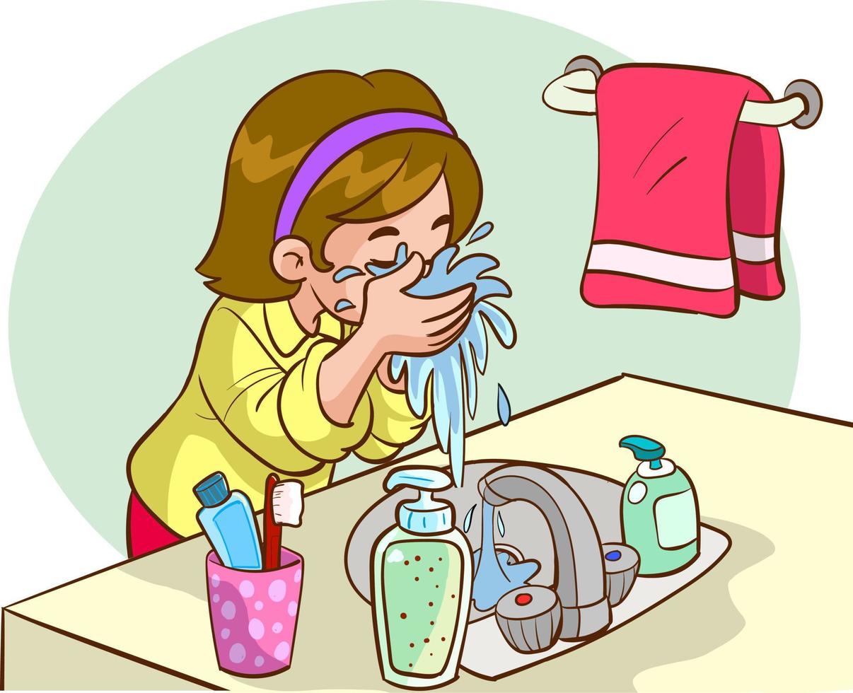 child washing face cartoon vector