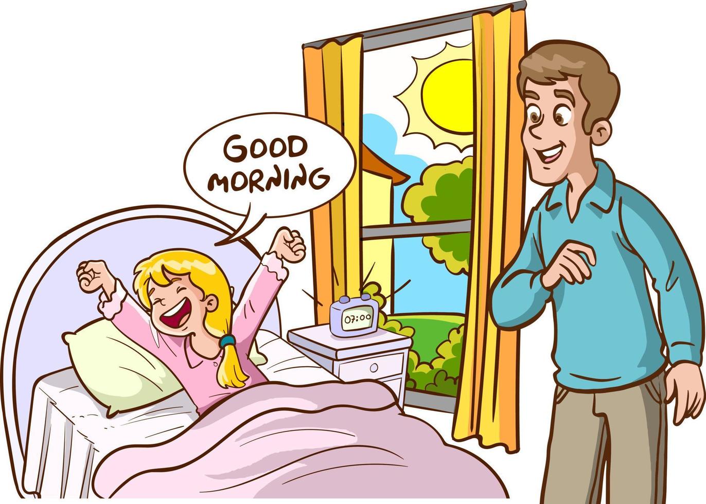 The children who wakes up and his family saying good morning 21081238