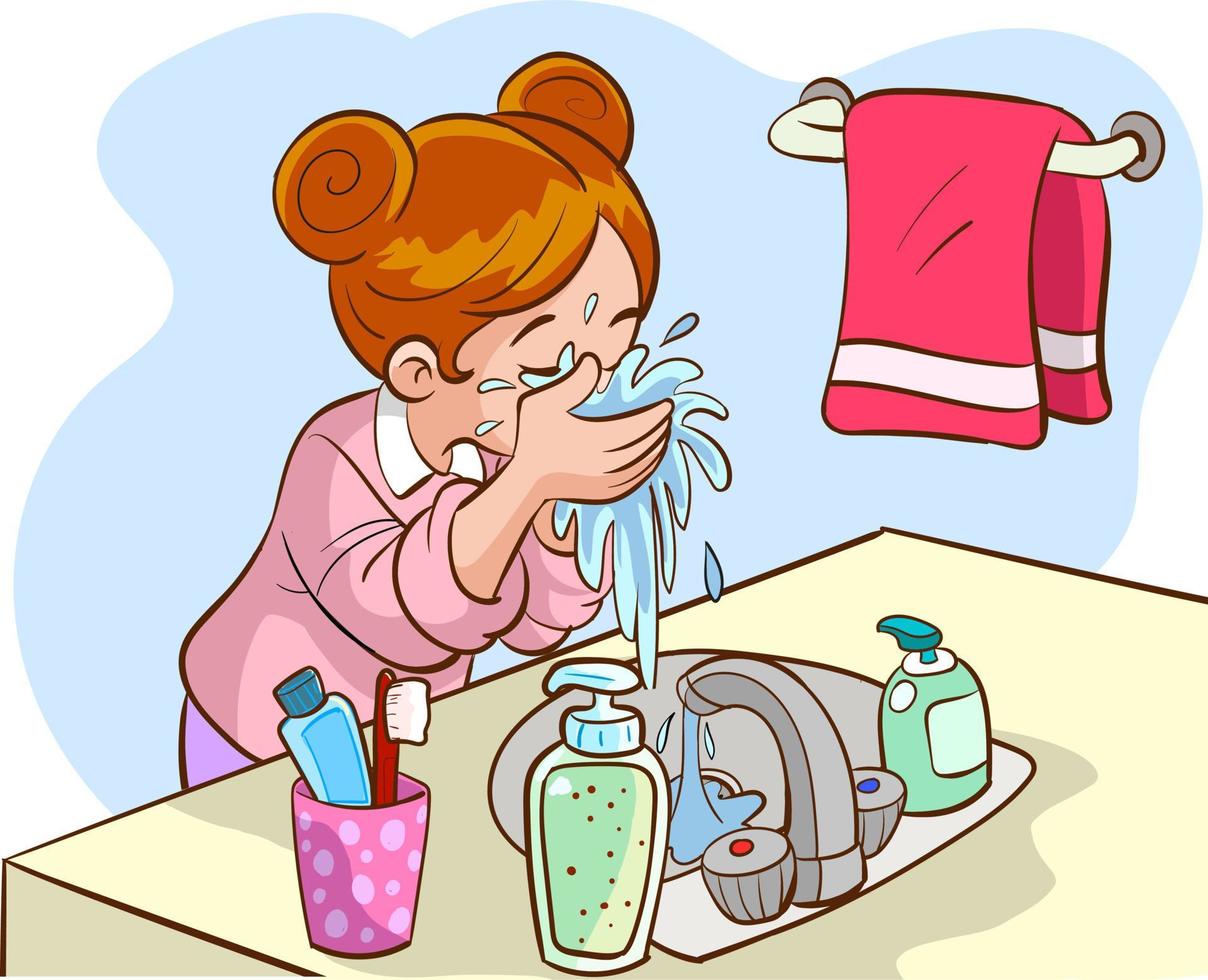 child washing face cartoon vector