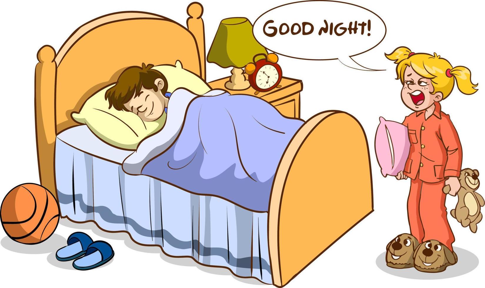sleepy yawning kids and parents good night cartoon vector