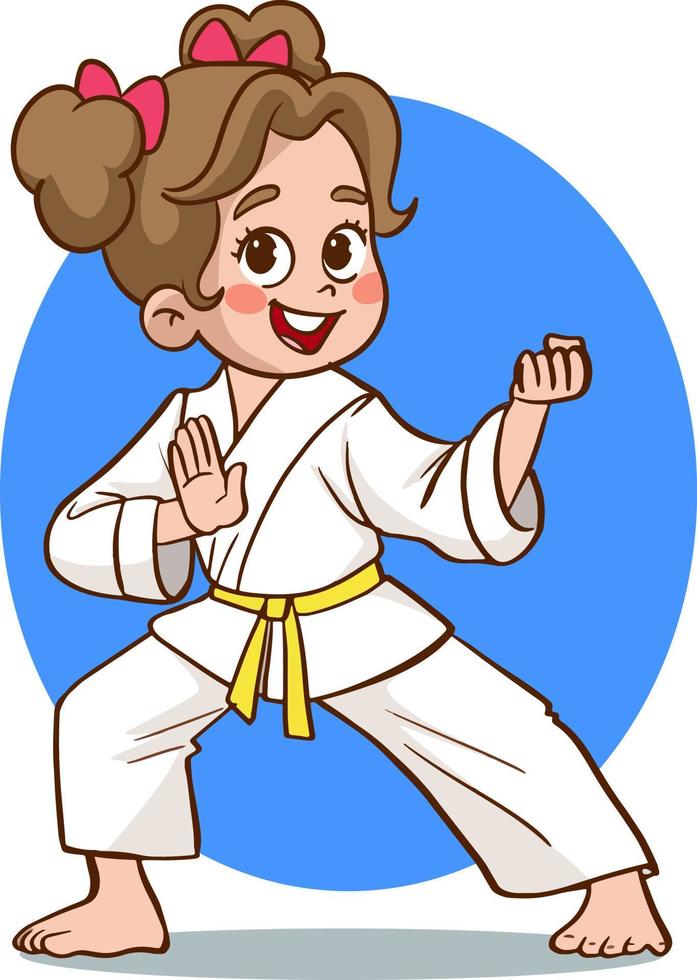 Cartoon kids training martial arts in kimono uniform. Karate or taekwondo character illustration. vector