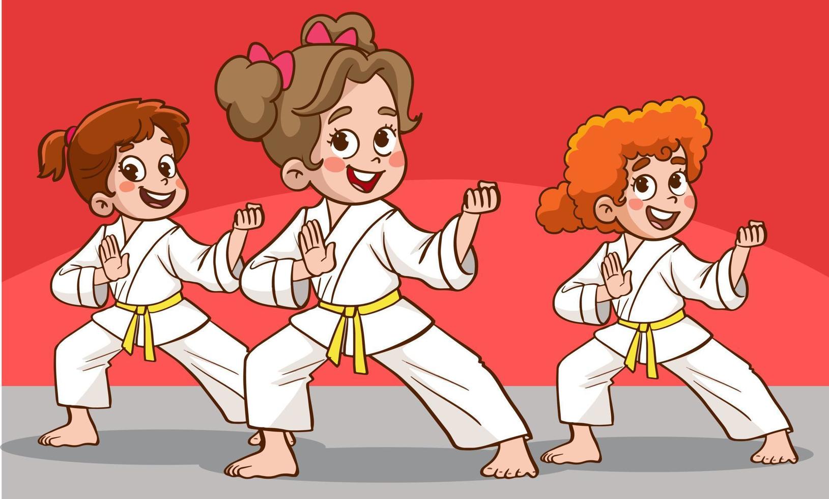 niños de dibujos animados entrenando artes marciales en uniforme de kimono. ilustración de personajes de karate o taekwondo. vector