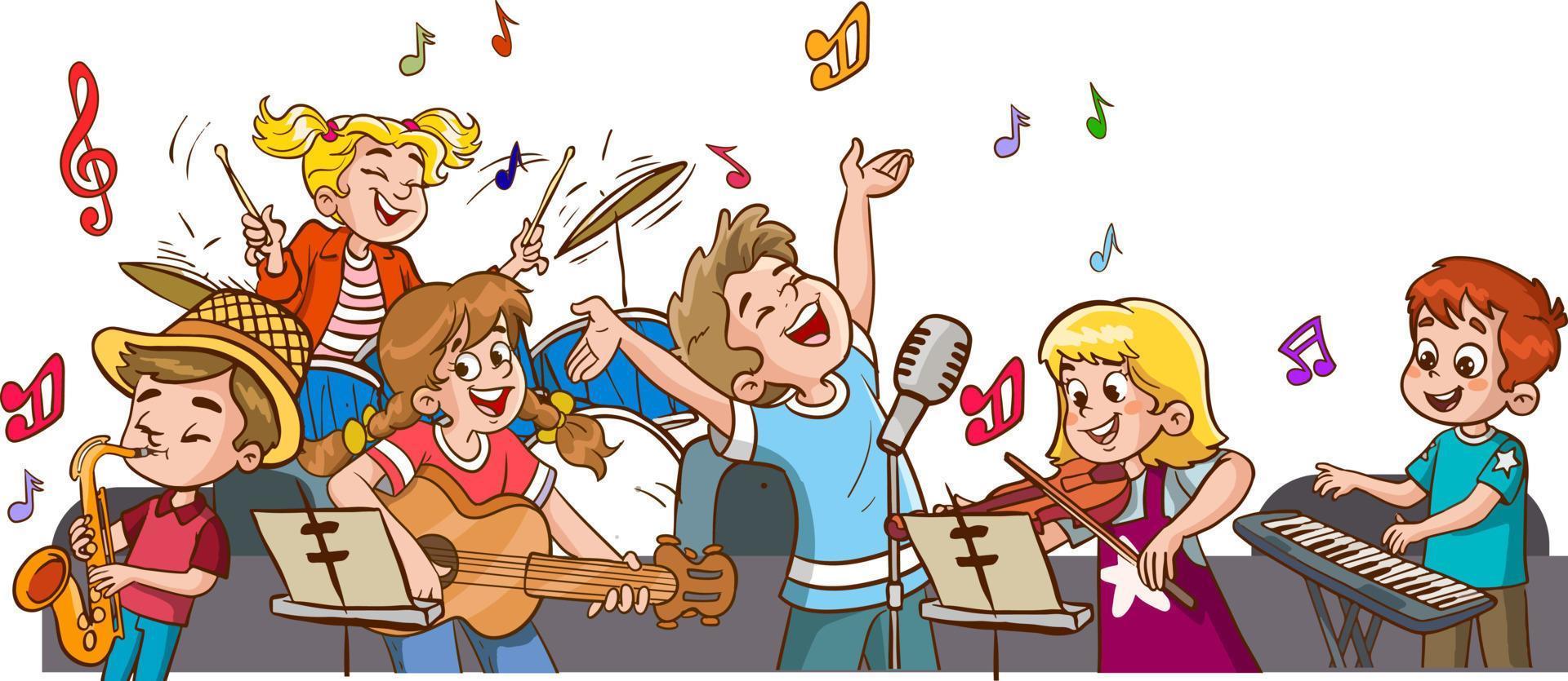 dibujos animados grupo de niños canto y bailando en el colegio coro vector