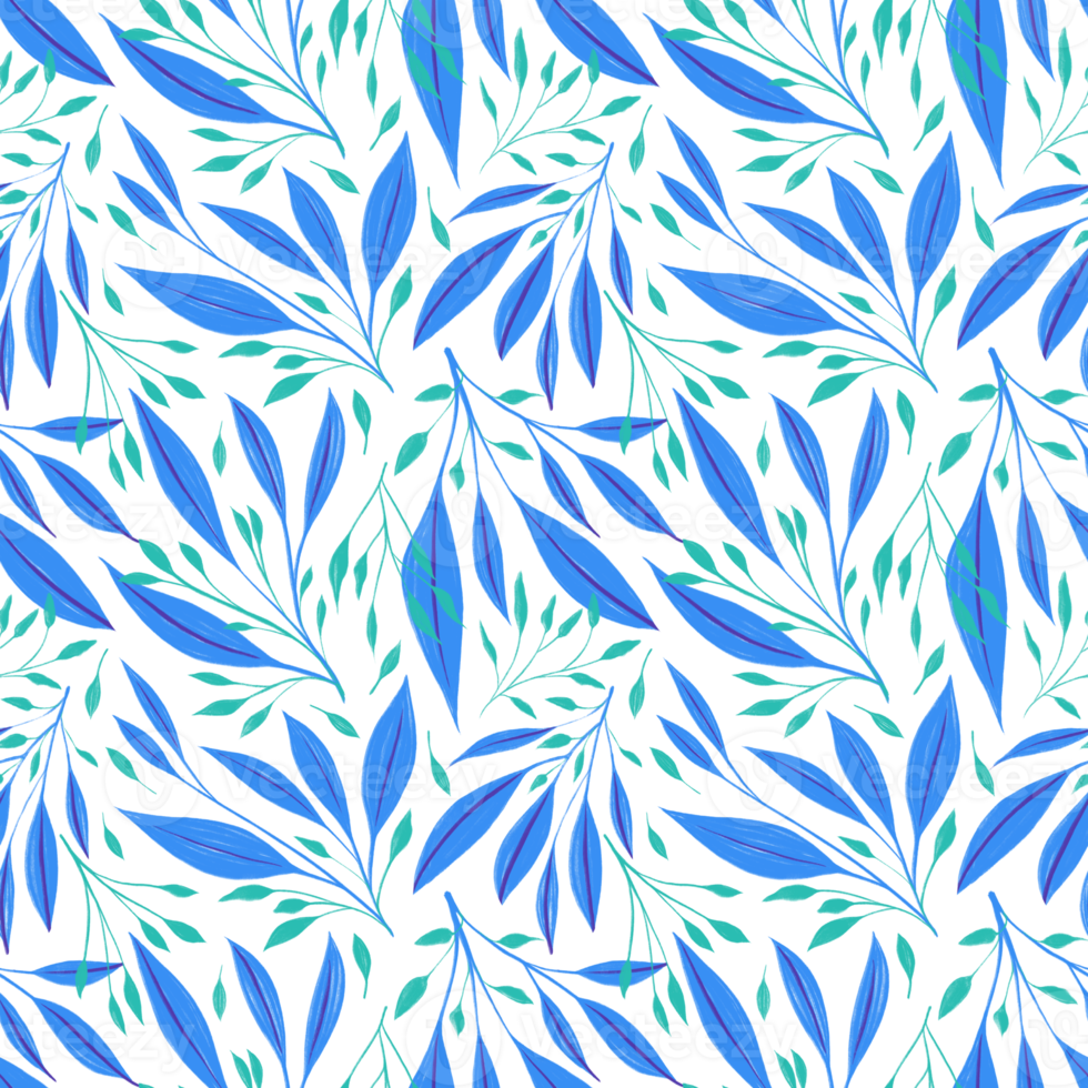 Spring seamless floral pattern with blue leaves. Plants on transparent background png