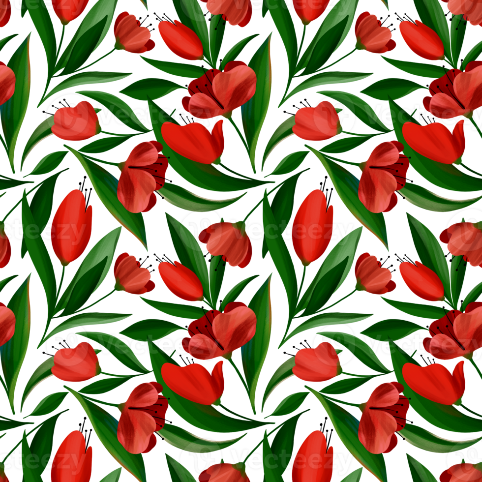 Spring seamless floral pattern with tulips. Hand drawn red flower texture. Transparent background png