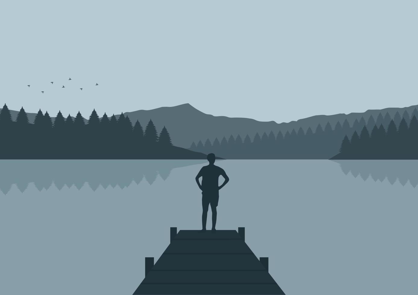 persona silueta en el lago y montaña, vector ilustración.