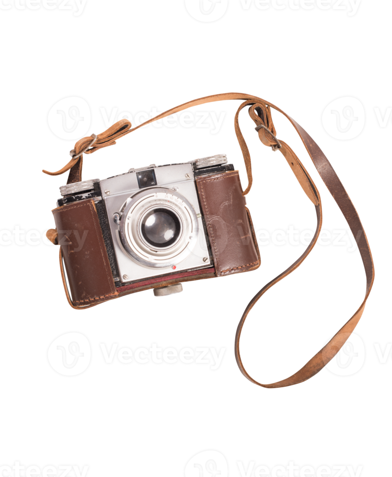 Vintage photographic machine with brown leather case and shoulder strap png