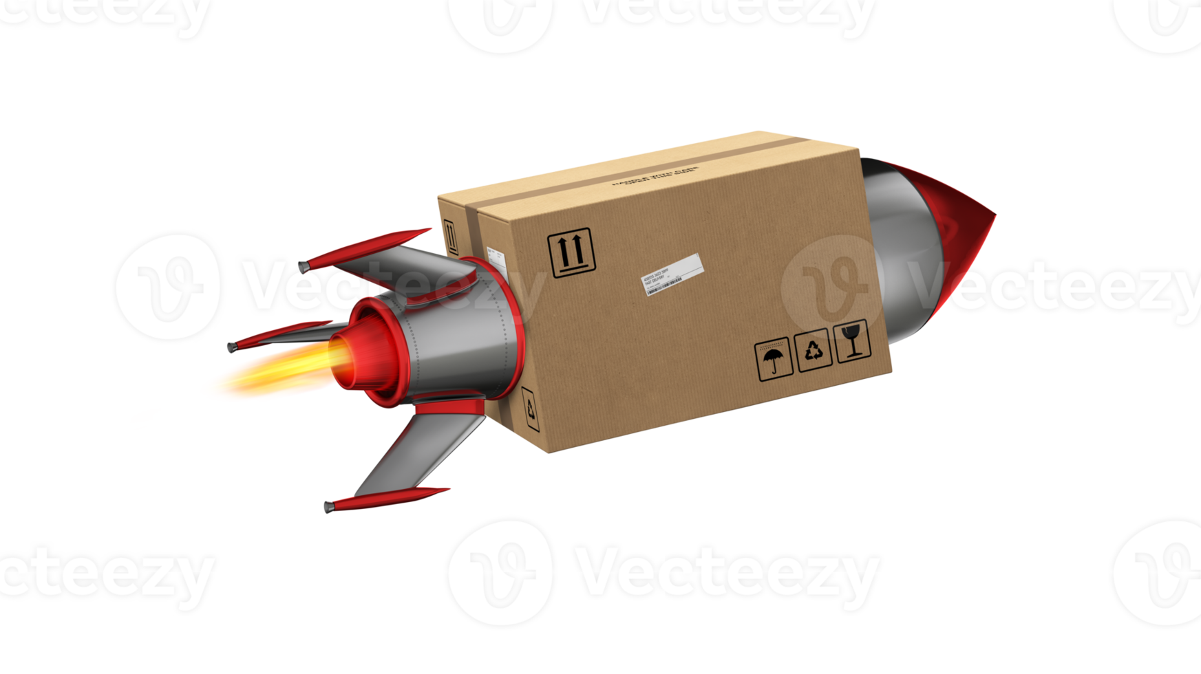 Karton Box fliegt schnell mit Rakete. Konzept von ausdrücken und Priorität Lieferung png