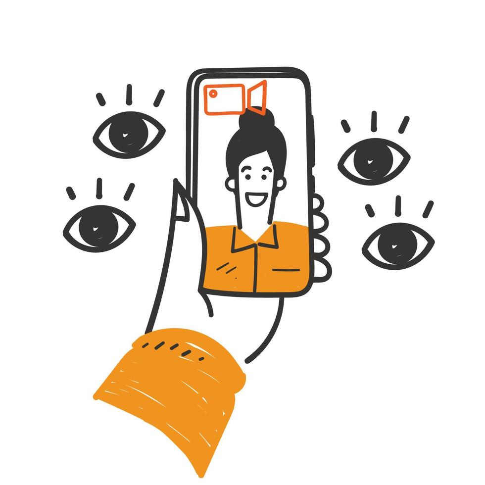 hand drawn doodle person live on mobile phone with many eyes watching illustration vector