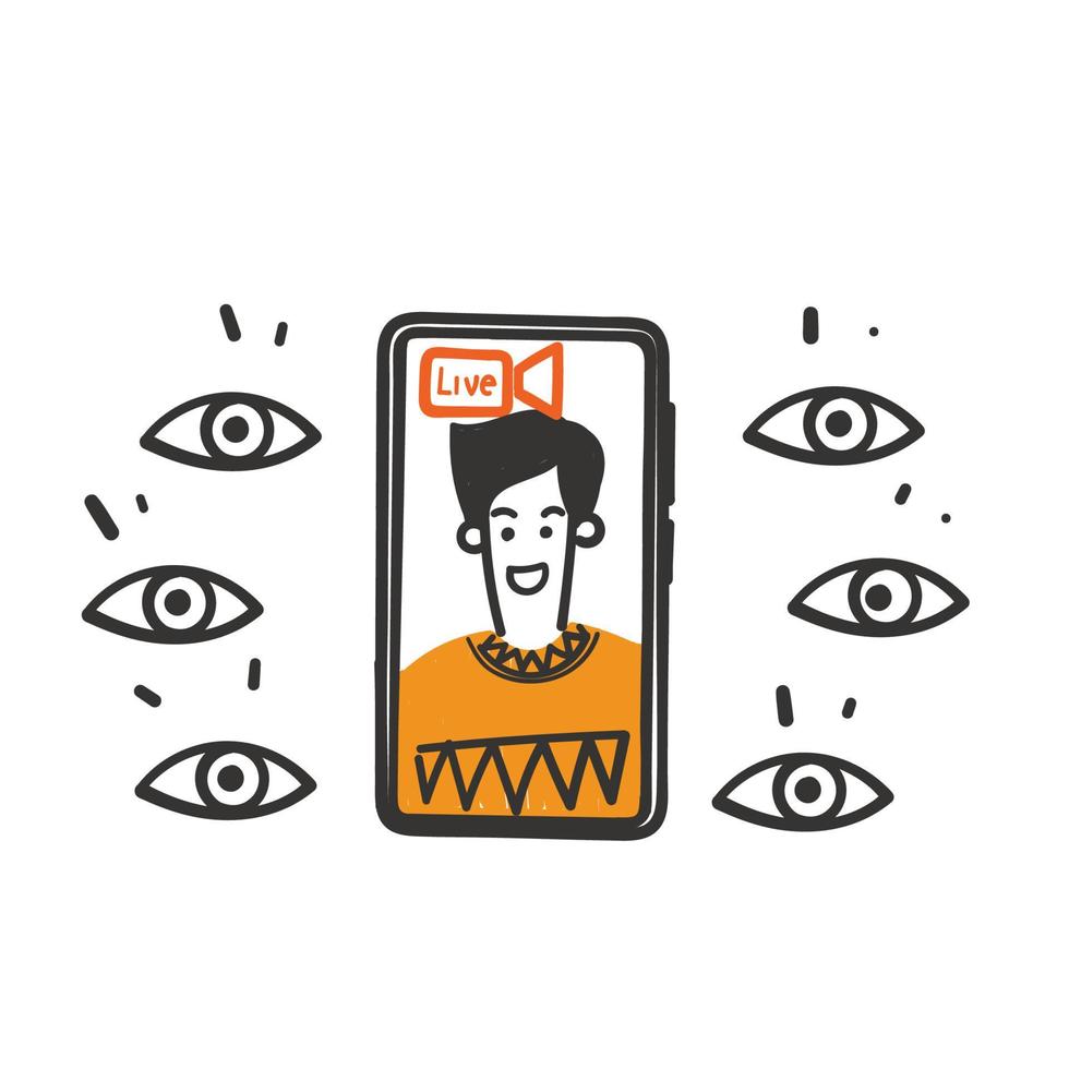 hand drawn doodle person live on mobile phone with many eyes watching illustration vector