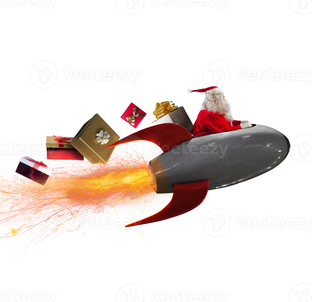 santa claus delivers gifts with a fast space rocket png