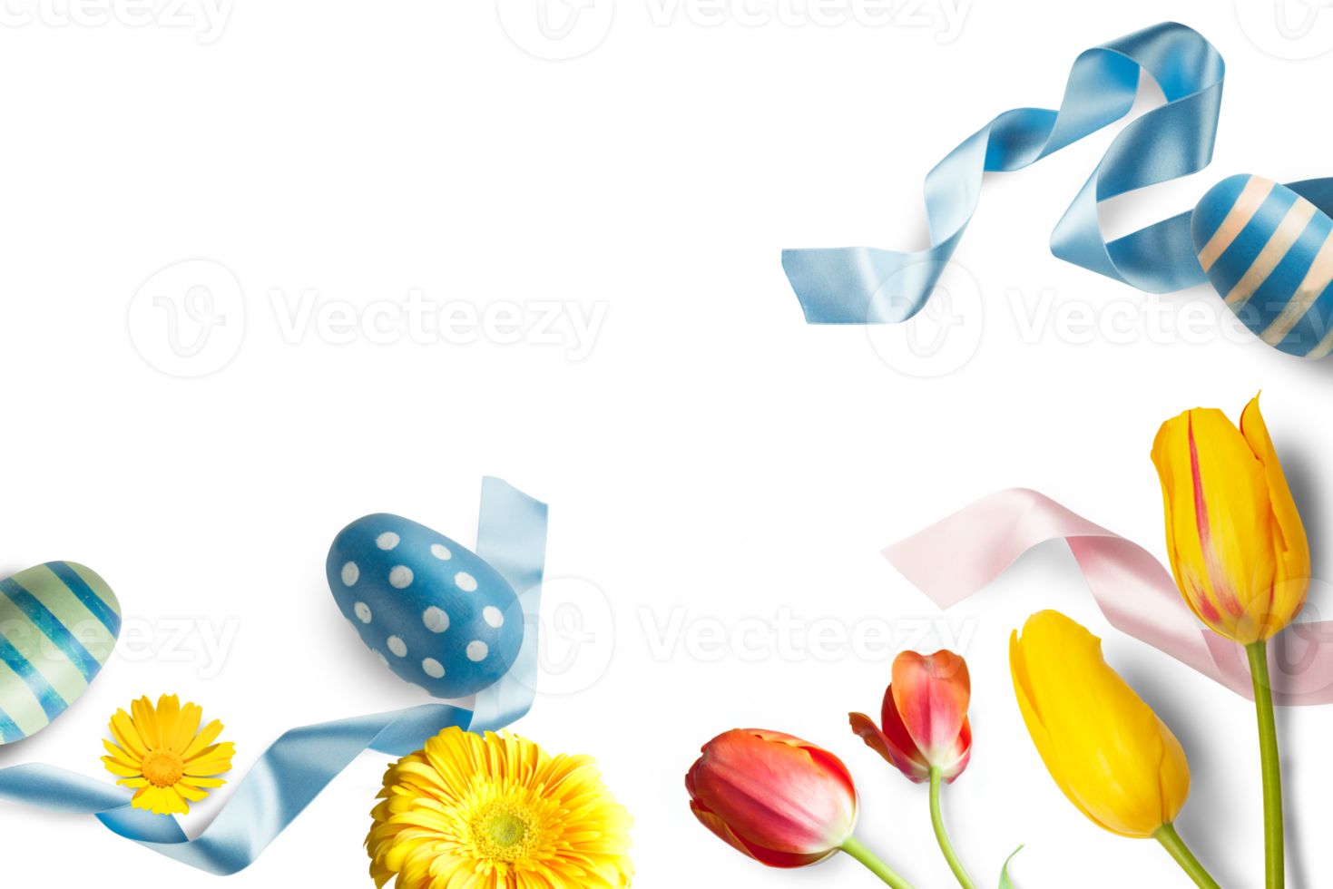 Easter decorations with eggs, flowers and blue ribbons png