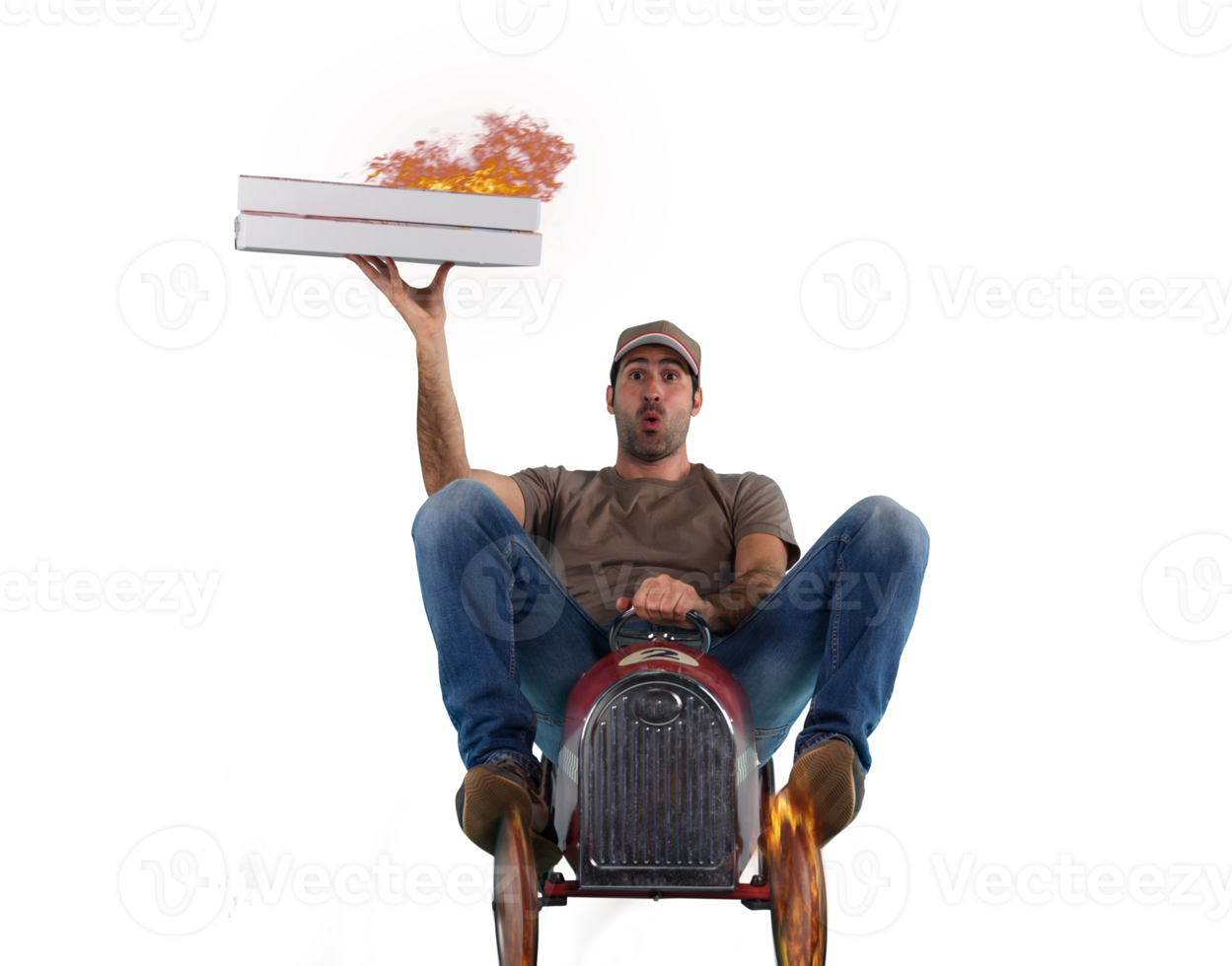 Deliveryman runs fast with a toy car to deliver pizza png