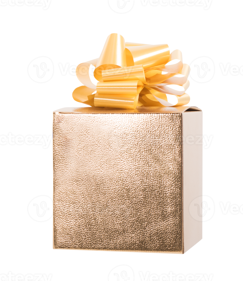 Big gift box decorated with golden paper and bow png