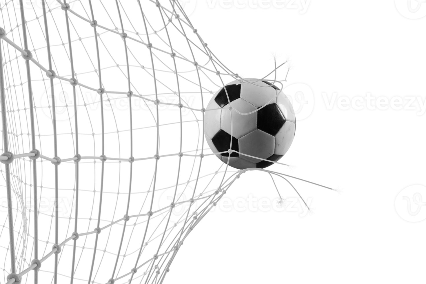 Soccer ball breaks through the net in a football match. 3d rendering png