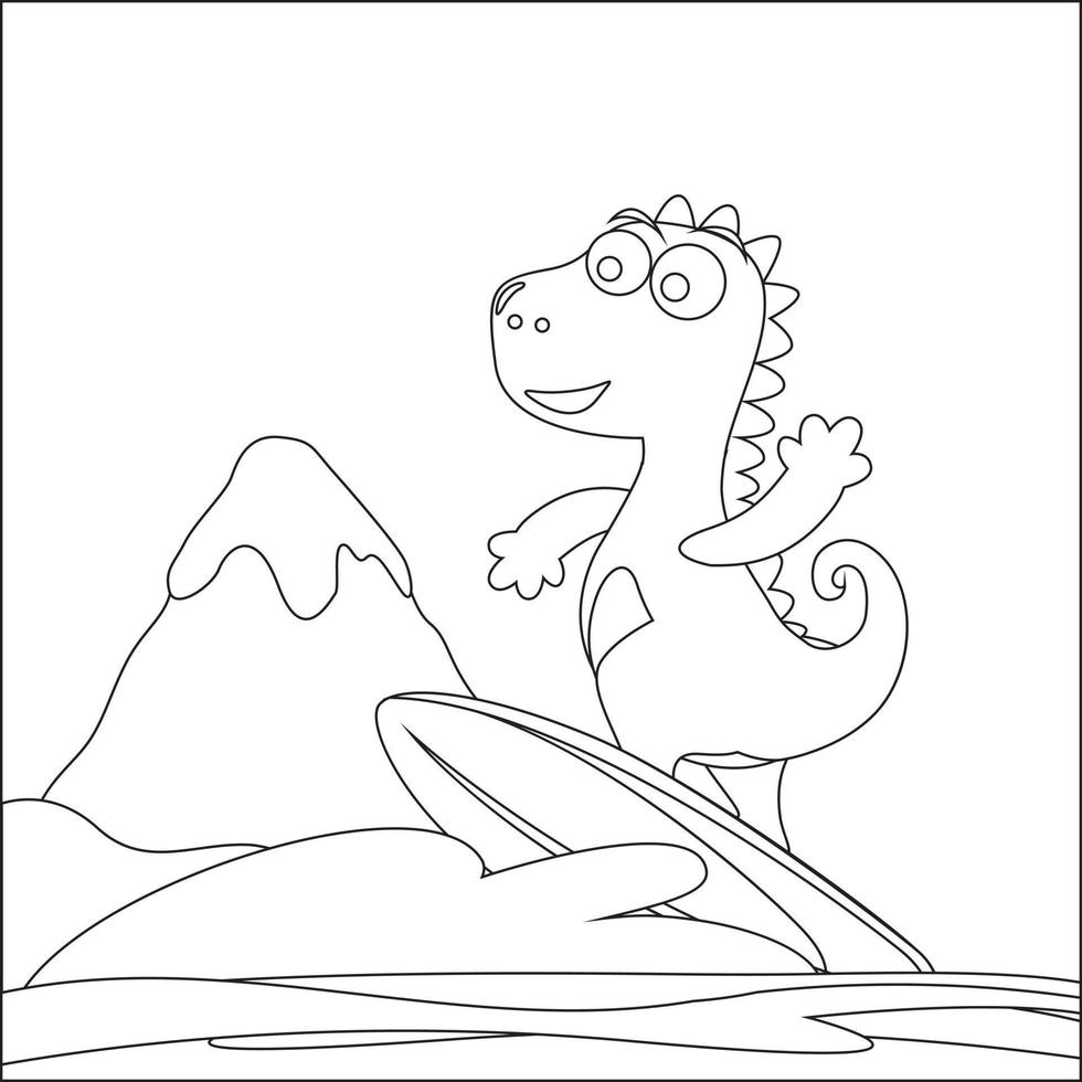Vector illustration of surfing time with cute little dinosaurs at summer. Childish design for kids activity colouring book or page.
