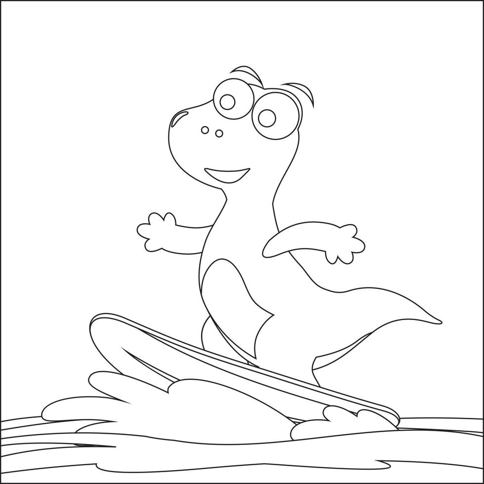Vector illustration of surfing time with cute little dinosaurs at summer. Childish design for kids activity colouring book or page.
