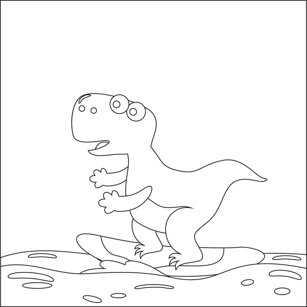 Vector illustration of surfing time with cute little dinosaurs at summer. Childish design for kids activity colouring book or page.