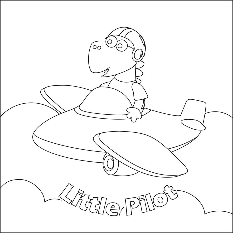 Vector illustration of cute dinosaur pilot flies in the sky on an airplane. Creative vector Childish design for kids activity colouring book or page.