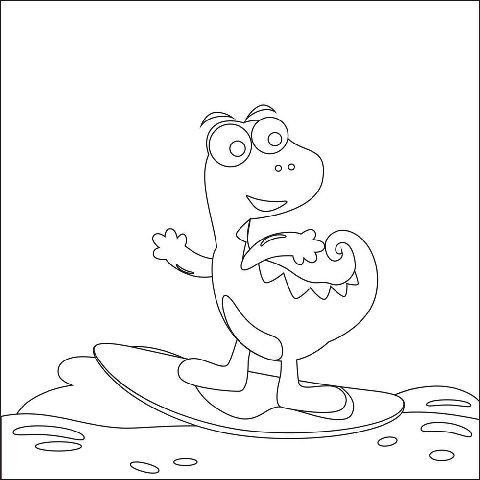Vector illustration of surfing time with cute little dinosaurs at summer. Childish design for kids activity colouring book or page.