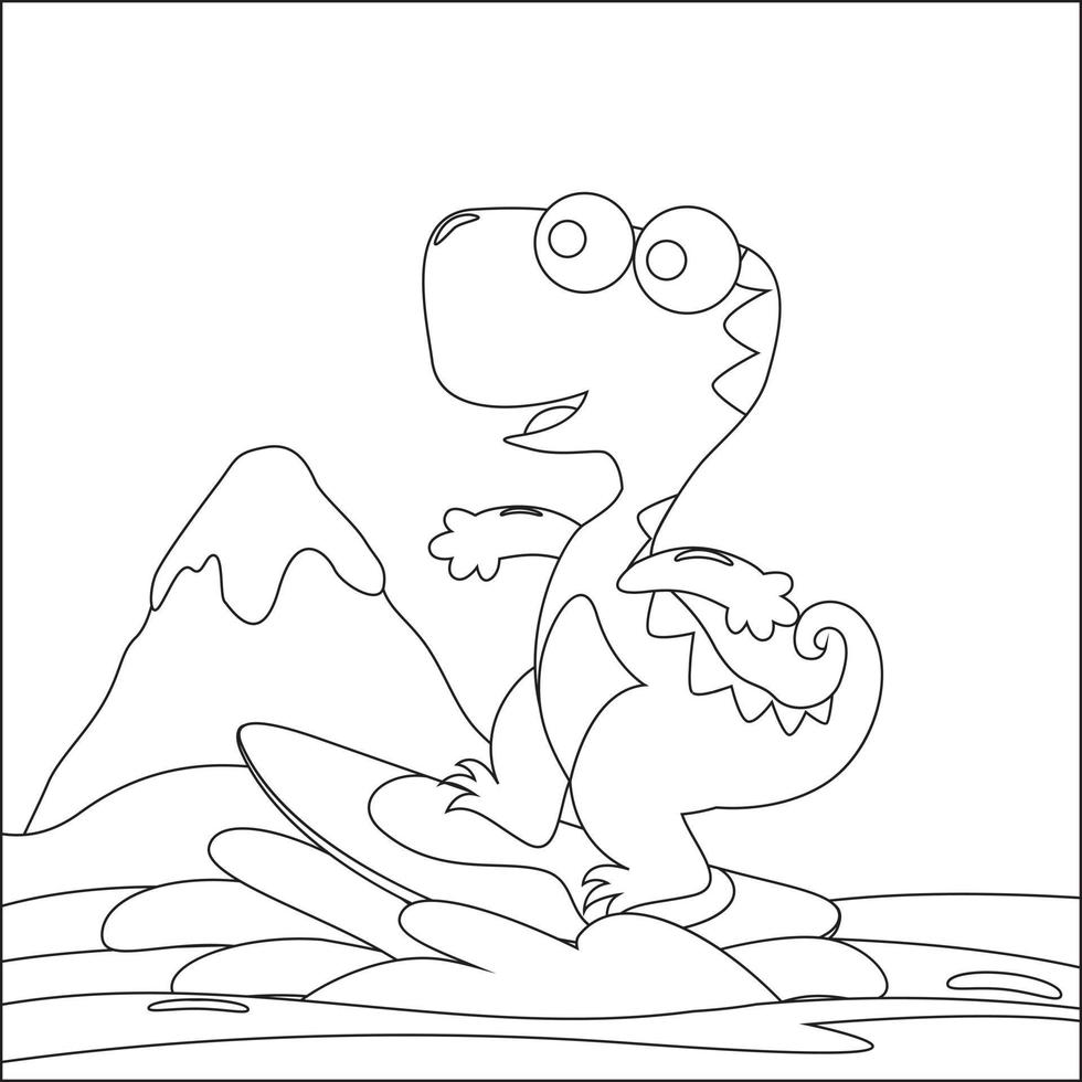 Vector illustration of surfing time with cute little dinosaurs at summer. Childish design for kids activity colouring book or page.