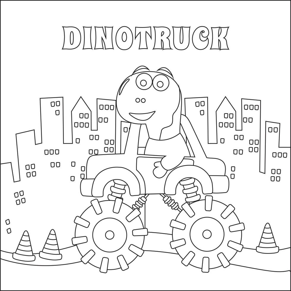 Vector illustration of monster truck with cute dinosaur driver. Cartoon isolated vector illustration, Creative vector Childish design for kids activity colouring book or page.