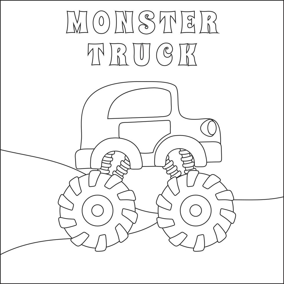 Vector illustration of monster truck with cute dinosaur driver. Cartoon isolated vector illustration, Creative vector Childish design for kids activity colouring book or page.