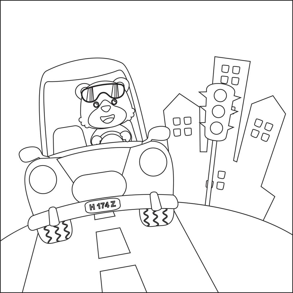 vector illustration of cute  little animal on a road trip, Creative vector Childish design for kids activity colouring book or page.