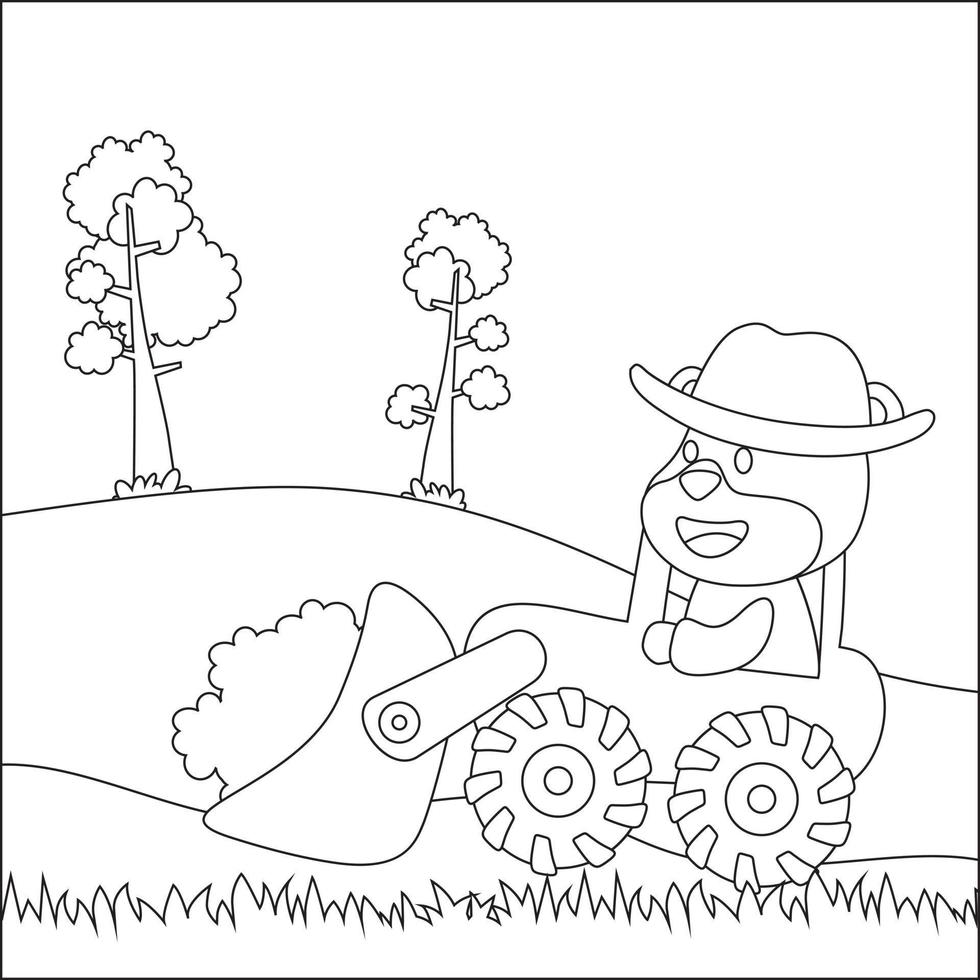 Construction equipments cartoon vector with cute animal on tractor. Childish design for kids activity colouring book or page.