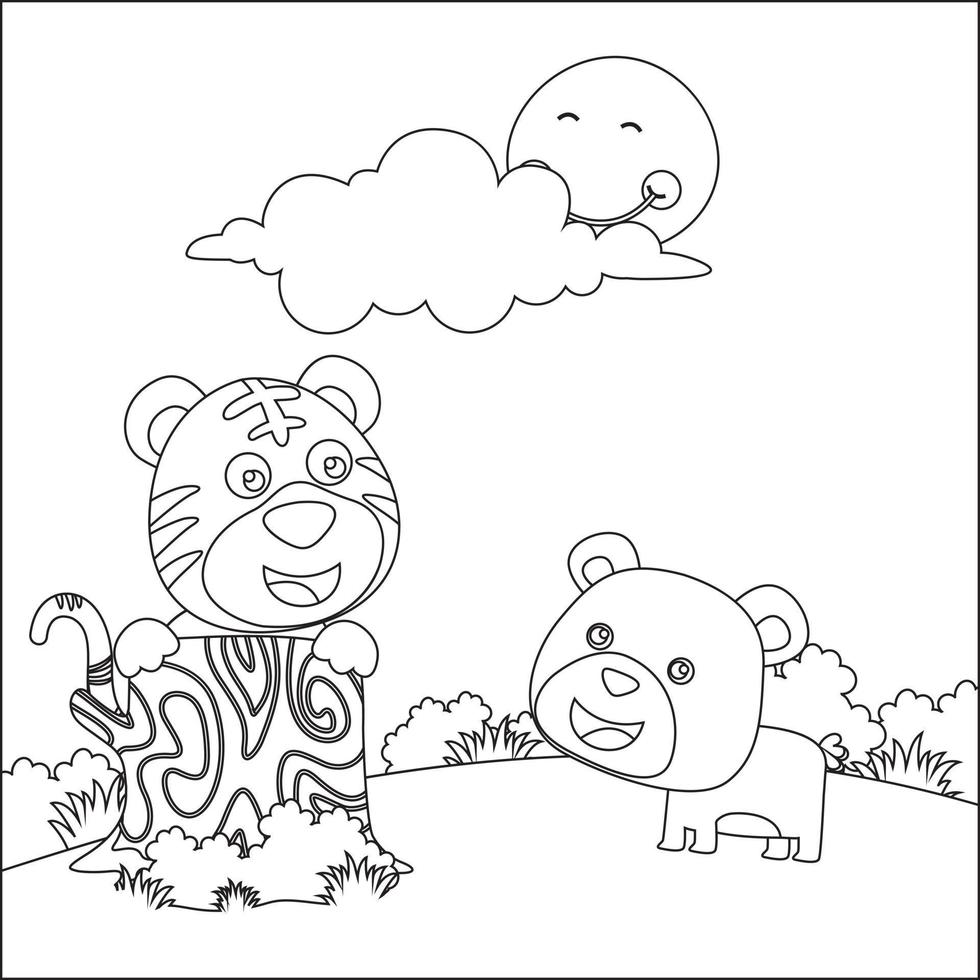 Cartoon wild animals concept, happy little animal in the jungle. Childish design for kids activity colouring book or page. vector