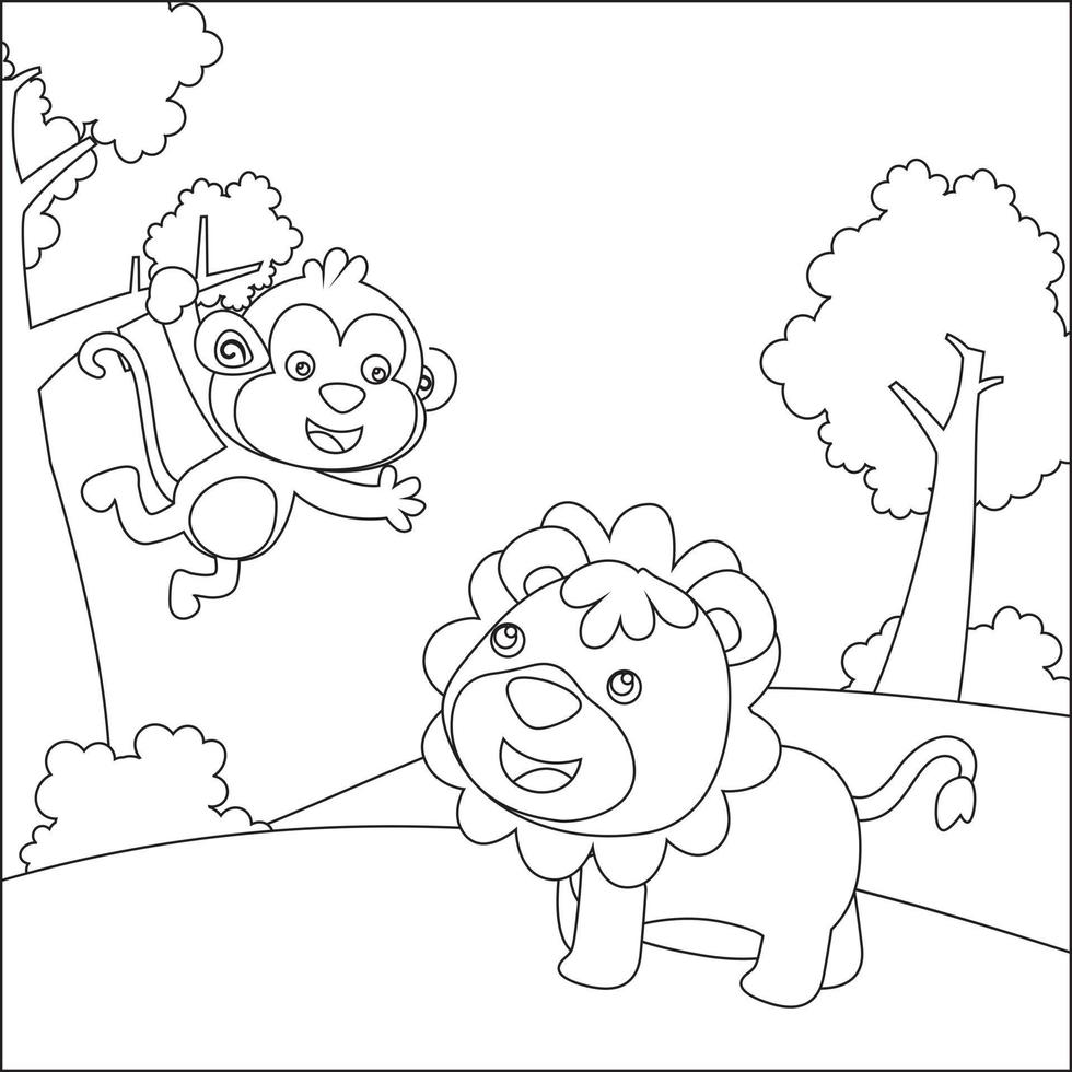 Cartoon wild animals concept, happy little animal in the jungle. Childish design for kids activity colouring book or page. vector