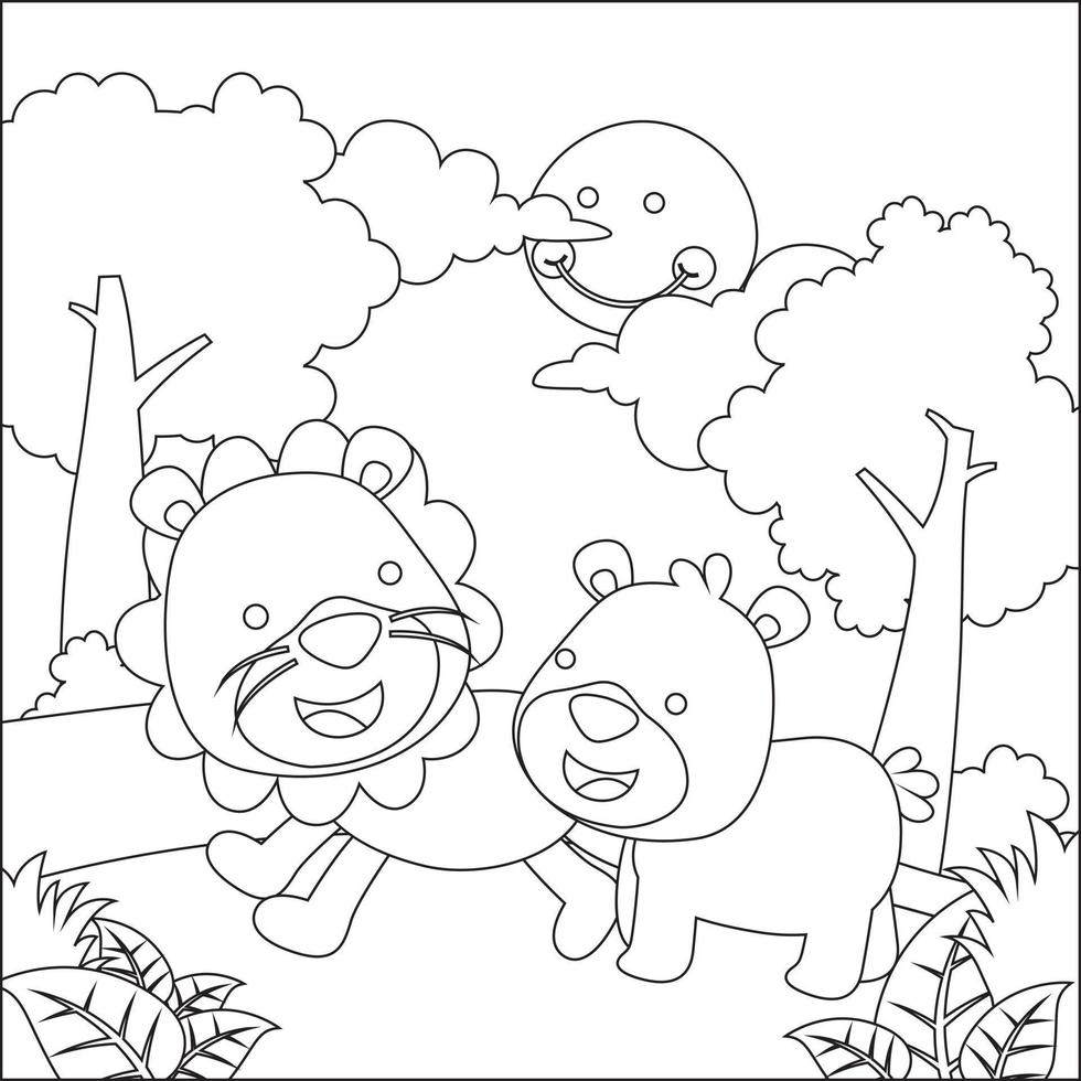 Cartoon wild animals concept, happy little animal in the jungle. Childish design for kids activity colouring book or page. vector
